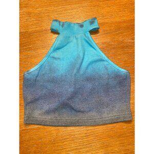 Tie-Dye Halter Crop Top Ribbed Knit Sleeveless Gradient Blue & Gray Design Women